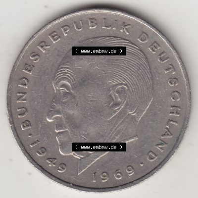 BRD Münzen 2 DM, Gedenkmünze 1969-1987, 2 DM, Deutsche Mark Konrad Adenauer 1973 F-1. Rückseite einer 2 DM, 2 Deutsche Mark F Gedenkmünze, Mzz.... Sammlung