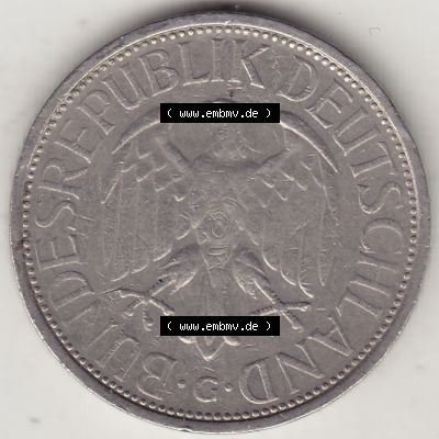 BRD Münzen 1 Deutsche Mark, Umlaufmünze 1950-2001, 1 DM Deutsche Mark, 1972 G-3. Vorderseite einer 1 DM, 1 Deutsche Mark G, Mzz. G für Karlsruhe... Sammlung