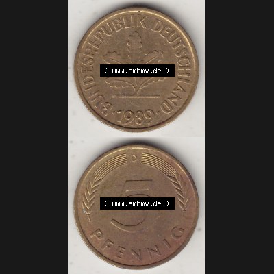 BRD Münzen 5 Pf., Umlaufmünze 1950-2001, 5 Pfennig, 1989 D-1. Vorderseite und Rückseite vertikal untereinander zusammen auf einen Bild / Foto für... Sammlung