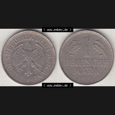 BRD Münzen 1 Deutsche Mark, Umlaufmünze 1950-2001, 1 DM Deutsche Mark, 1973 F-3. Münzen-Rückseite und Münzen-Vorderseite als Vollansicht einer 1 DM,... Sammlung
