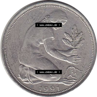 BRD Münzen 50 Pf. Umlaufmünze 1950-2001, 50 Pfennig BRD Deutschland 1991 München mit Mzz. D-1. Vorderseite mit 50-Pfennig Frau beim pflanzen eines Eichensetzling,... Sammlung