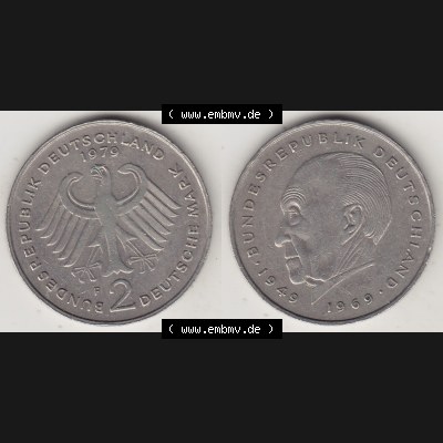 BRD Münzen 2 DM, Gedenkmünze 1969-1987, 2 DM, Deutsche Mark Konrad Adenauer 1979 F-1. VS-RS auf einen Bild / Foto einer 2 DM, 2 Deutsche Mark F Gedenkmünze,... Sammlung