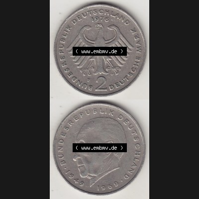 BRD Münzen 2 DM, Gedenkmünze 1969-1987, 2 DM, Deutsche Mark Konrad Adenauer 1976 F-1. Vorderseite und Rückseite einer Münze auf einen Bild / Foto,... Sammlung