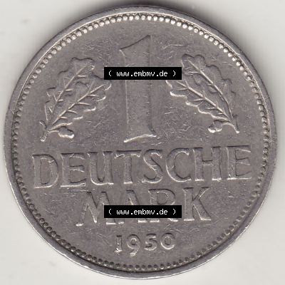 BRD Münzen 1 Deutsche Mark, Umlaufmünze 1950-2001, 1 DM Deutsche Mark, 1950 D-7. Münzen-Rückseite mit Nennwert / Nominalwert / Wert-Zahl einer 1 DM,... Sammlung