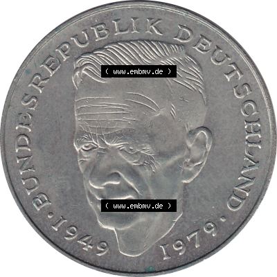 BRD Münzen 2 DM, Gedenkmünze 1979-1993, 2 DM, Deutsche Mark Kurt Schumacher Deutschland 1991 G-1. Rückseite mit Wert-Zahl von 2 DM Gedenkmünze Kurt Schumacher... Sammlung