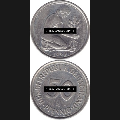BRD Münzen 50 Pf. Umlaufmünze 1990-2001, 50 Pfennig BRD Deutschland 1994 A-1. Vorderseite und Rückseite mit Wert-Zahl eine 50 Pfennig Münze der ehemaligen DM-Währung... Sammlung