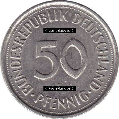 BRD Münzen 50 Pf. Umlaufmünze 1950-2001, 50 Pfennig BRD Deutschland 1992 Stuttgart Mzz. F-1. Rückseite mit Wert-Zahl einer 50 Pfennig Münze einer DM - Deutschen... Sammlung