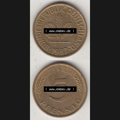 BRD Münzen 5 Pf., Umlaufmünze 1950-2001, 5 Pfennig, 1987 D-1. Vorderseite und Rückseite vertikal untereinander zusammen auf einen Bild / Foto für... Sammlung