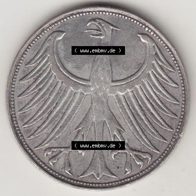 BRD Münzen Silbermünze 1951-1974, 5 DM, 5 Deutsche Mark Silberadler, Heiermann 1951 J-1. Vorderseite einer Silbermünze 5 DM, 5 Deutsche Mark in Silber - Münze... Sammlung