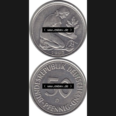 BRD Münzen 50 Pf. Umlaufmünze 1950-2001, 50 Pfennig BRD Deutschland 1992 München mit Mzz. D-1. Vorderseite und Rückseite mit Wert-Zahl eine 50 Pfennig Münze... Sammlung