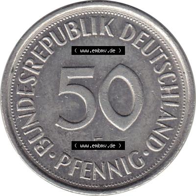 BRD Münzen 50 Pf. Umlaufmünze 1950-2001, 50 Pfennig BRD Deutschland 1994 Stuttgart Mzz. F-1. Rückseite mit Wert-Zahl einer 50 Pfennig Münze einer DM - Deutschen... Sammlung