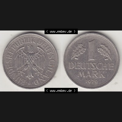 BRD Münzen 1 Deutsche Mark, Umlaufmünze 1950-2001, 1 DM Deutsche Mark, 1979 J-1. Münzen-Rückseite und Münzen-Vorderseite als Vollansicht einer 1 DM,... Sammlung