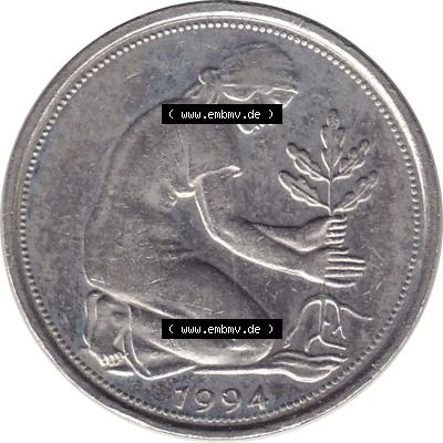 BRD Münzen 50 Pf. Umlaufmünze 1990-2001, 50 Pfennig BRD Deutschland 1994 A-1. Vorderseite einer Deutschen Münze der BRD, Bundesrepublik in einer Auflösung... Sammlung
