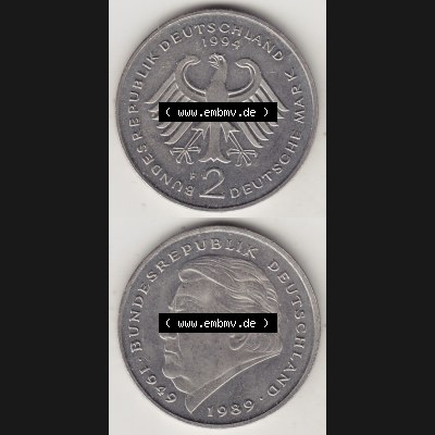 BRD Münzen 2 DM, Gedenkmünze 1990-2001, 2 DM, Deutsche Mark Franz Josef Strauß 1994 F-1. Vorderseite und Rückseite einer Münze auf einen Bild / Foto,... Sammlung
