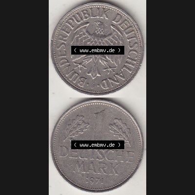 BRD Münzen 1 Deutsche Mark, Umlaufmünze 1950-2001, 1 DM Deutsche Mark, 1971 J-2. Münzen-Rückseite und Münzen-Vorderseite vertikal untereinander als Vollansicht... Sammlung