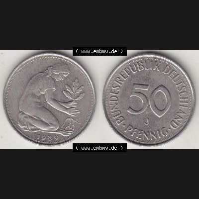 BRD Münzen 50 Pf. Umlaufmünze 1950-2001, 50 Pfennig BRD Deutschland 1989 J-1. Vorderseite und Rückseite mit Wert-Zahl auf einen Bild / Foto der digitalisierten 50... Sammlung