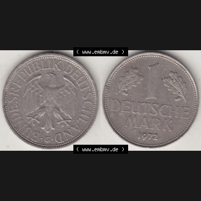 BRD Münzen 1 Deutsche Mark, Umlaufmünze 1950-2001, 1 DM Deutsche Mark, 1972 G-3. Münzen-Rückseite und Münzen-Vorderseite als Vollansicht einer 1 DM,... Sammlung
