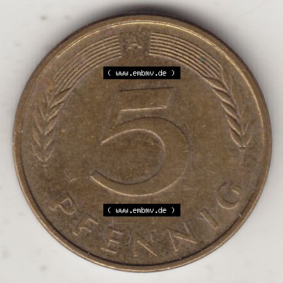 BRD Münzen 5 Pf., Umlaufmünze 1990-2001, 5 Pfennig, 1994 A-1. Rückseite einer 5 Pfennig A, Mzz. A für Berlin - Münze aus Deutschland... Sammlung