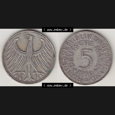 BRD Münzen Silbermünze 1951-1974, 5 DM, 5 Deutsche Mark Silberadler, Heiermann 1960 Münzzeichen / Mzz. "J" für Hamburg - 1. Vorderseite... Sammlung