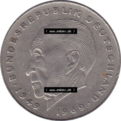 BRD Münzen 2 DM, Gedenkmünze 1969-1987, 2 DM, Deutsche Mark Münze mit Konrad Adenauer aus Deutschland 1969 D-1. Rückseite mit Wert-Zahl von 5 DM einer Deutschen... Sammlung