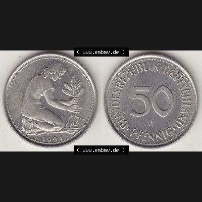 BRD Münzen 50 Pf. Umlaufmünze 1950-2001, 50 Pfennig 1994 J-1. Vorderseite und Rückseite mit Wert-Zahl auf einen Bild / Foto der digitalisierten 50 Pfennig J,... Sammlung