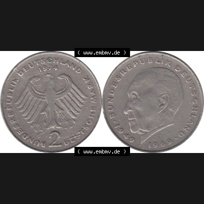 BRD Münzen 2 DM, Gedenkmünze 1969-1987, 2 DM, Deutsche Mark Münze mit Konrad Adenauer aus Deutschland 1974 F-1. Vorderseite und Rückseite mit Wert-Zahl einer... Sammlung