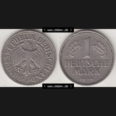 BRD Münzen 1 Deutsche Mark, Umlaufmünze 1950-2001, 1 DM Deutsche Mark, 1950 J-4. Münzen-Rückseite und Münzen-Vorderseite als Vollansicht einer 1 DM,... Sammlung