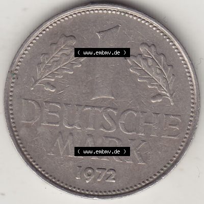 BRD Münzen 1 Deutsche Mark, Umlaufmünze 1950-2001, 1 DM Deutsche Mark, 1972 G-3. Münzen-Rückseite mit Nennwert / Nominalwert / Wert-Zahl einer 1 DM,... Sammlung