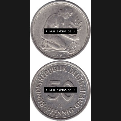 BRD Münzen 50 Pf. Umlaufmünze 1990-2001, 50 Pfennig BRD Deutschland 1992 A-1. Vorderseite und Rückseite mit Wert-Zahl eine 50 Pfennig Münze der ehemaligen DM-Währung... Sammlung