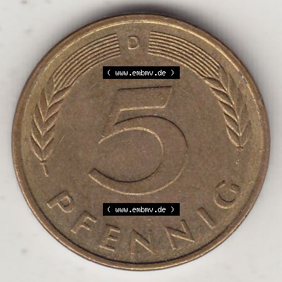 BRD Münzen 5 Pf., Umlaufmünze 1950-2001, 5 Pfennig, 1987 D-1. Rückseite einer 5 Pfennig D, Mzz. D für München - Münze aus Deutschland... Sammlung