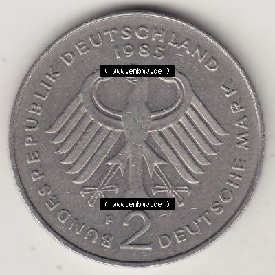 BRD Münzen 2 DM, Gedenkmünze 1969-1987, 2 DM, Deutsche Mark Konrad Adenauer 1985 F-1. Vorderseite einer 2 DM, 2 Deutsche Mark F Gedenkmünze, Mzz.... Sammlung