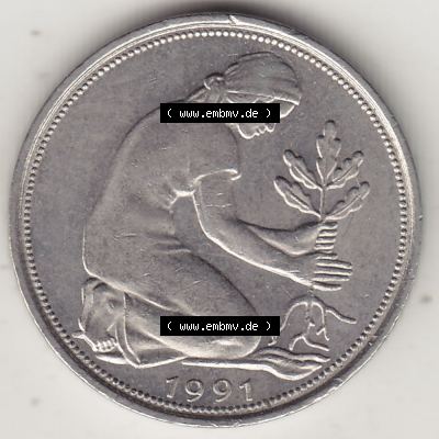 BRD Münzen 50 Pf. Umlaufmünze 1950-2001, 50 Pfennig BRD Deutschland 1991 F-1. Vorderseite der digitalisierte 50 Pfennig F, mit Mzz. F für Stuttgart aus der... Sammlung