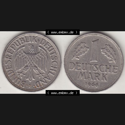 BRD Münzen 1 Deutsche Mark, Umlaufmünze 1950-2001, 1 DM Deutsche Mark, 1966 F-1. Münzen-Rückseite und Münzen-Vorderseite als Vollansicht einer 1 DM,... Sammlung