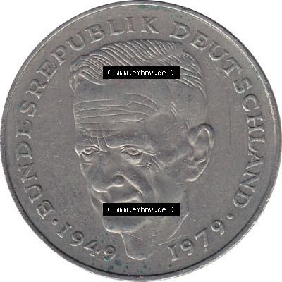 BRD Münzen 2 DM, Gedenkmünze 1979-1993, 2 DM, Deutsche Mark Kurt Schumacher 1985 J-1. Rückseite mit Wert-Zahl von 2 DM Gedenkmünze Kurt Schumacher einer Deutschen... Sammlung