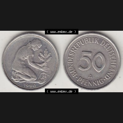 BRD Münzen 50 Pf. Umlaufmünze 1990-2001, 50 Pfennig BRD Deutschland 1990 A-1. Vorderseite und Rückseite mit Wert-Zahl auf einen Bild / Foto der digitalisierten 50... Sammlung