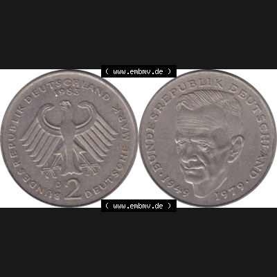BRD Münzen 2 DM, Gedenkmünze 1979-1993, 2 DM, Deutsche Mark Kurt Schumacher 1983 D-1. Vorderseite und Rückseite mit Wert-Zahl einer 2 DM Kurt Schumacher Gedenkmünze... Sammlung
