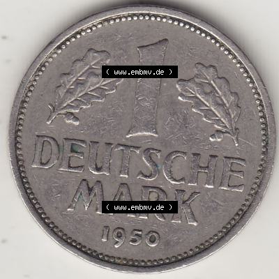 BRD Münzen 1 Deutsche Mark, Umlaufmünze 1950-2001, 1 DM Deutsche Mark, 1950 J-6. Münzen-Rückseite mit Nennwert / Nominalwert / Wert-Zahl einer 1 DM,... Sammlung