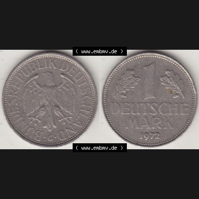 BRD Münzen 1 Deutsche Mark, Umlaufmünze 1950-2001, 1 DM Deutsche Mark, 1972 G-1. Münzen-Rückseite und Münzen-Vorderseite als Vollansicht einer 1 DM,... Sammlung