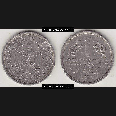 BRD Münzen 1 Deutsche Mark, Umlaufmünze 1950-2001, 1 DM Deutsche Mark, 1978 G-1. Münzen-Rückseite und Münzen-Vorderseite als Vollansicht einer 1 DM,... Sammlung