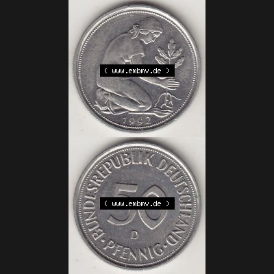 BRD Münzen 50 Pf. Umlaufmünze 1950-2001, 50 Pfennig Münze aus Deutschland 1992 D-1. Vorderseite und Rückseite auf einen Bild / Foto vertikal untereinander zusammengefügt,... Sammlung