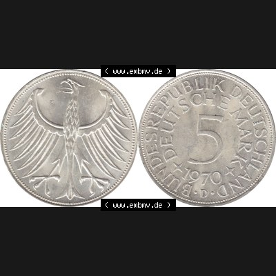 BRD Münzen Silbermünze 1951-1974, 5 DM aus Deutschland, 5 Deutsche Mark Silberadler, Heiermann 1970 Münzzeichen / Mzz. "D" für München-1.... Sammlung