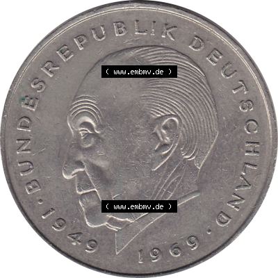 BRD Münzen 2 DM, Gedenkmünze 1969-1987, 2 DM, Deutsche Mark Münze mit Konrad Adenauer aus Deutschland 1983 G-1. Rückseite mit Wert-Zahl von 2 DM Gedenkmünze... Sammlung
