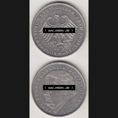 BRD Münzen 2 DM, Gedenkmünze 1991-2001, 2 DM, Deutsche Mark Franz Josef Strauß 1995 A-1. Vorderseite und Rückseite einer Münze auf einen Bild / Foto,... Sammlung