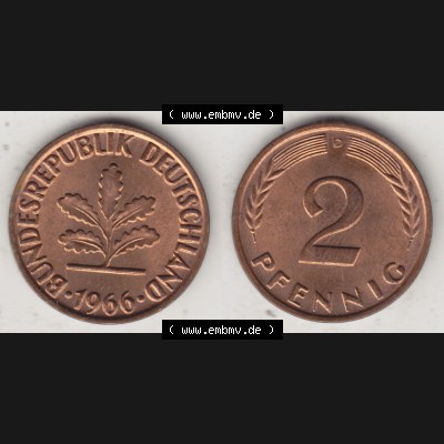 BRD Münze aus Deutschland 1950-2001, 2 Pfennig 1966 D (3) Sammlung