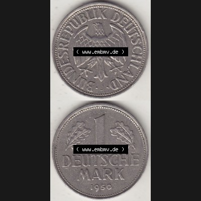 BRD Münzen 1 DM, Umlaufmünze 1950-2001, 1 DM Deutsche Mark, 1950 J-2. Münzen-Rückseite und Münzen-Vorderseite vertikal untereinander als Vollansicht für... Sammlung