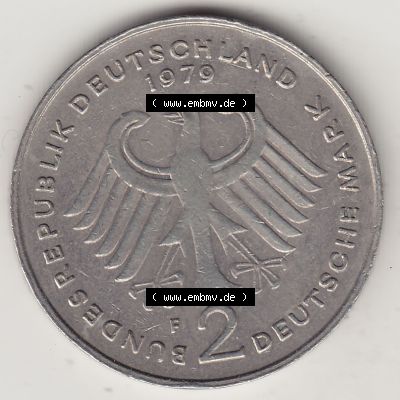 BRD Münzen 2 DM, Gedenkmünze 1969-1987, 2 DM, Deutsche Mark Konrad Adenauer 1979 F-1. Vorderseite einer 2 DM, 2 Deutsche Mark F Gedenkmünze, Mzz.... Sammlung