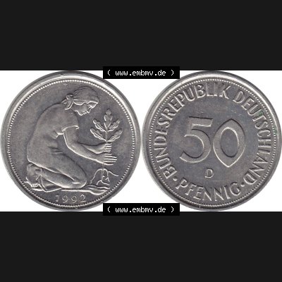 BRD Münzen 50 Pf. Umlaufmünze 1950-2001, 50 Pfennig BRD Deutschland 1992 München mit Mzz. D-1. Vorderseite und Rückseite mit Wert-Zahl einer 50 Pfennig Münze... Sammlung