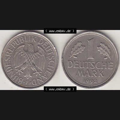 BRD Münzen 1 Deutsche Mark, Umlaufmünze 1950-2001, 1 DM Deutsche Mark, 1992 F-1. Münzen-Rückseite und Münzen-Vorderseite als Vollansicht einer 1 DM,... Sammlung