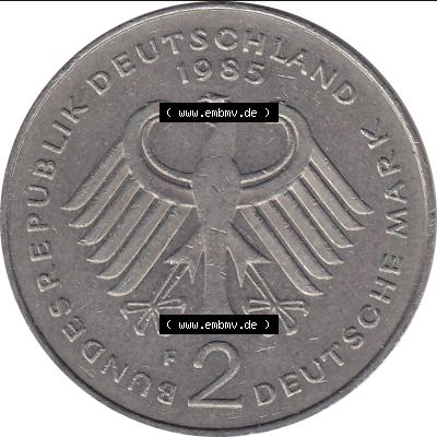 BRD Münzen 2 DM, Gedenkmünze 1969-1987, 2 DM, Deutsche Mark Münze mit Konrad Adenauer aus Deutschland 1985 F-1. Vorderseite einer Deutschen Münze der BRD,... Sammlung