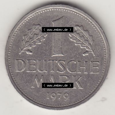 BRD Münzen 1 Deutsche Mark, Umlaufmünze 1950-2001, 1 DM Deutsche Mark, 1979 J-1. Münzen-Rückseite mit Nennwert / Nominalwert / Wert-Zahl einer 1 DM,... Sammlung